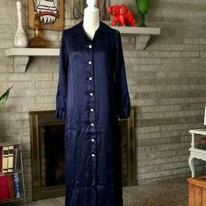 Vintage 1970s Midnight Blue Satin Nightgown Maxi Dress w/ Rhinestone Buttons
